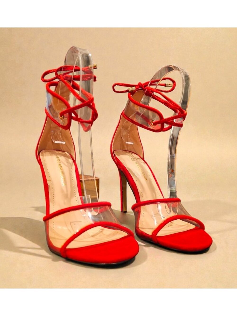 Strappy Red High Heels With Clear PVC Accents & Lace-Up Ankle Straps Stilettos